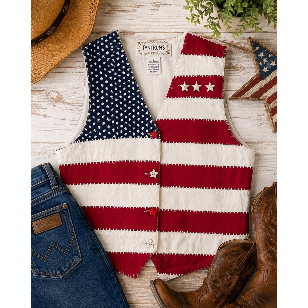 Tantrums American Flag vest Stars Stripes Patchwork XL Red White Blue Patriotic